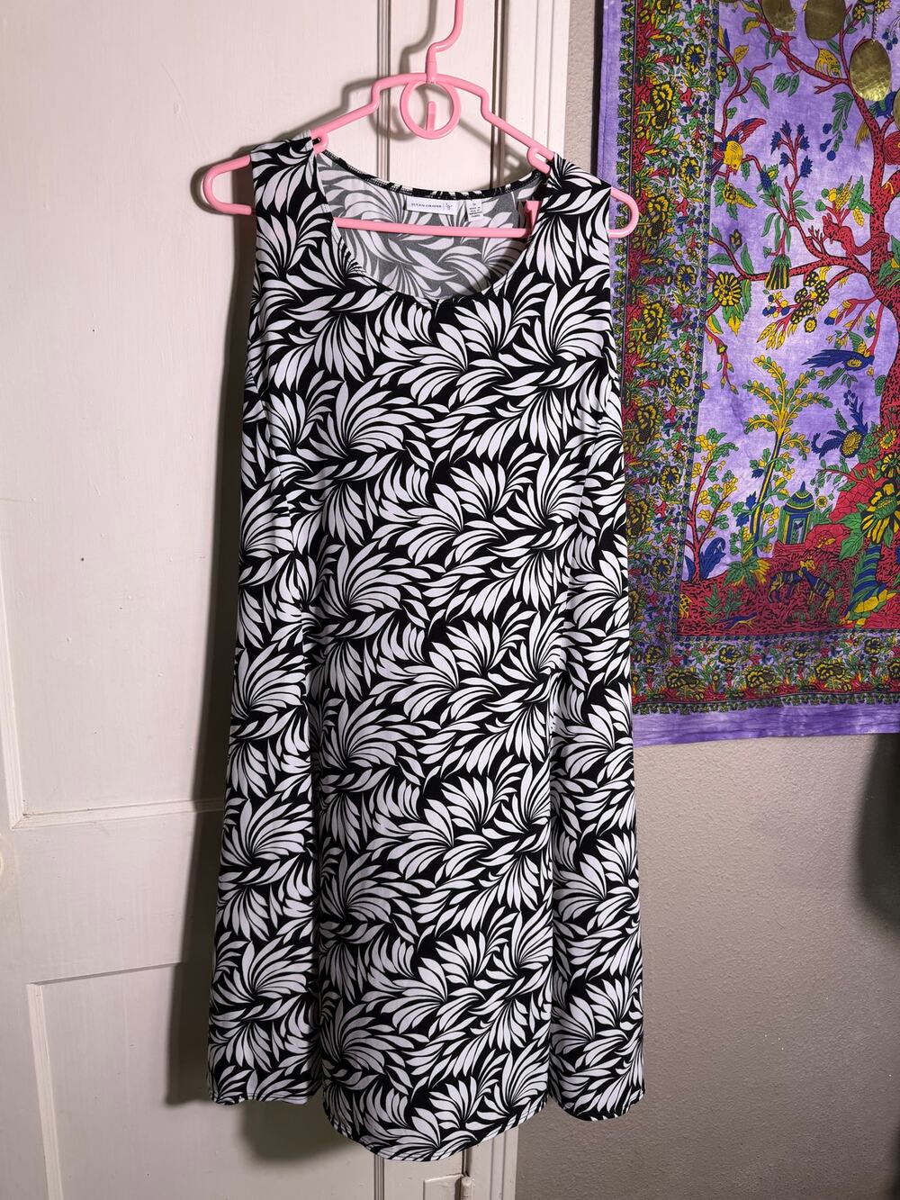Susan Graver 1X Black White Leaf Print Sleeveless A Line Midi Dress Stretch